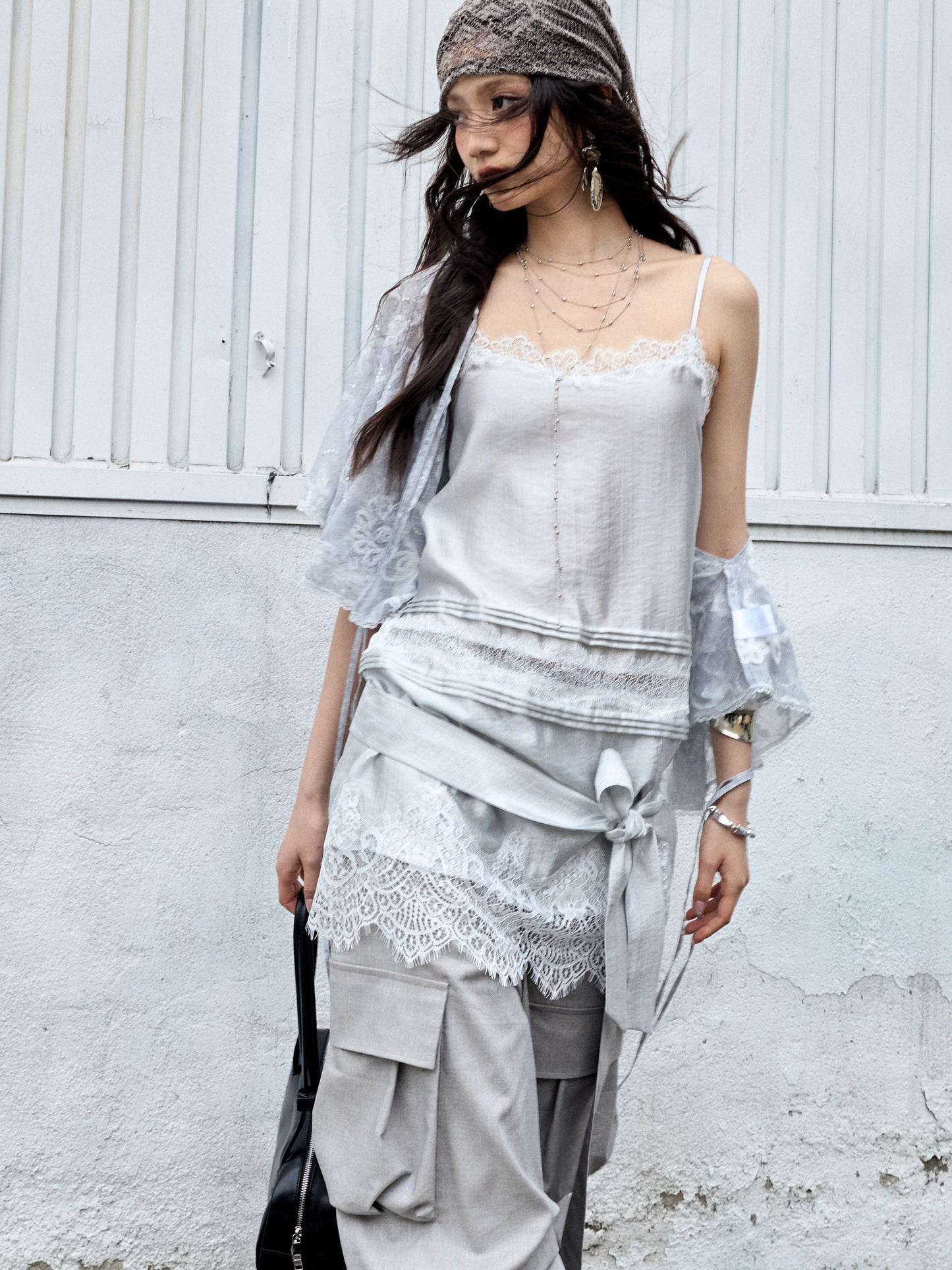 White Satin Lace-Up Camisole | Textured Sea Salt Tank Top
