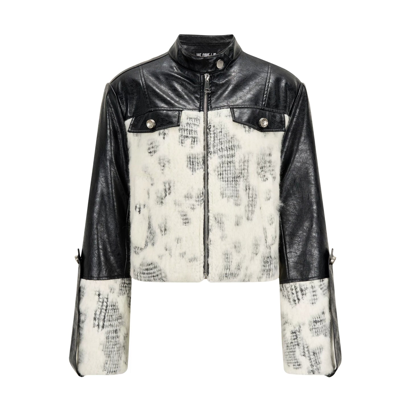 Black and White Fabric Splice Leather Short Cotton Coat