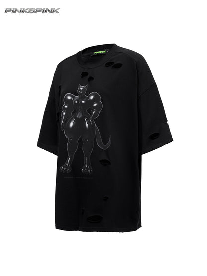 Cat Print Distressed Waist-Cinching Y2K Tee