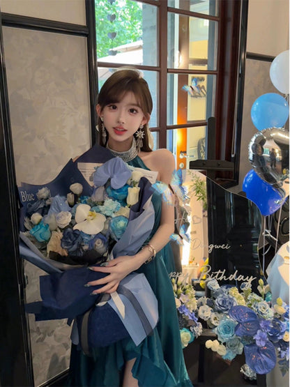 High-End French Blue Dresses – Luxe Autumn-Winter New Year's & Birthday Style