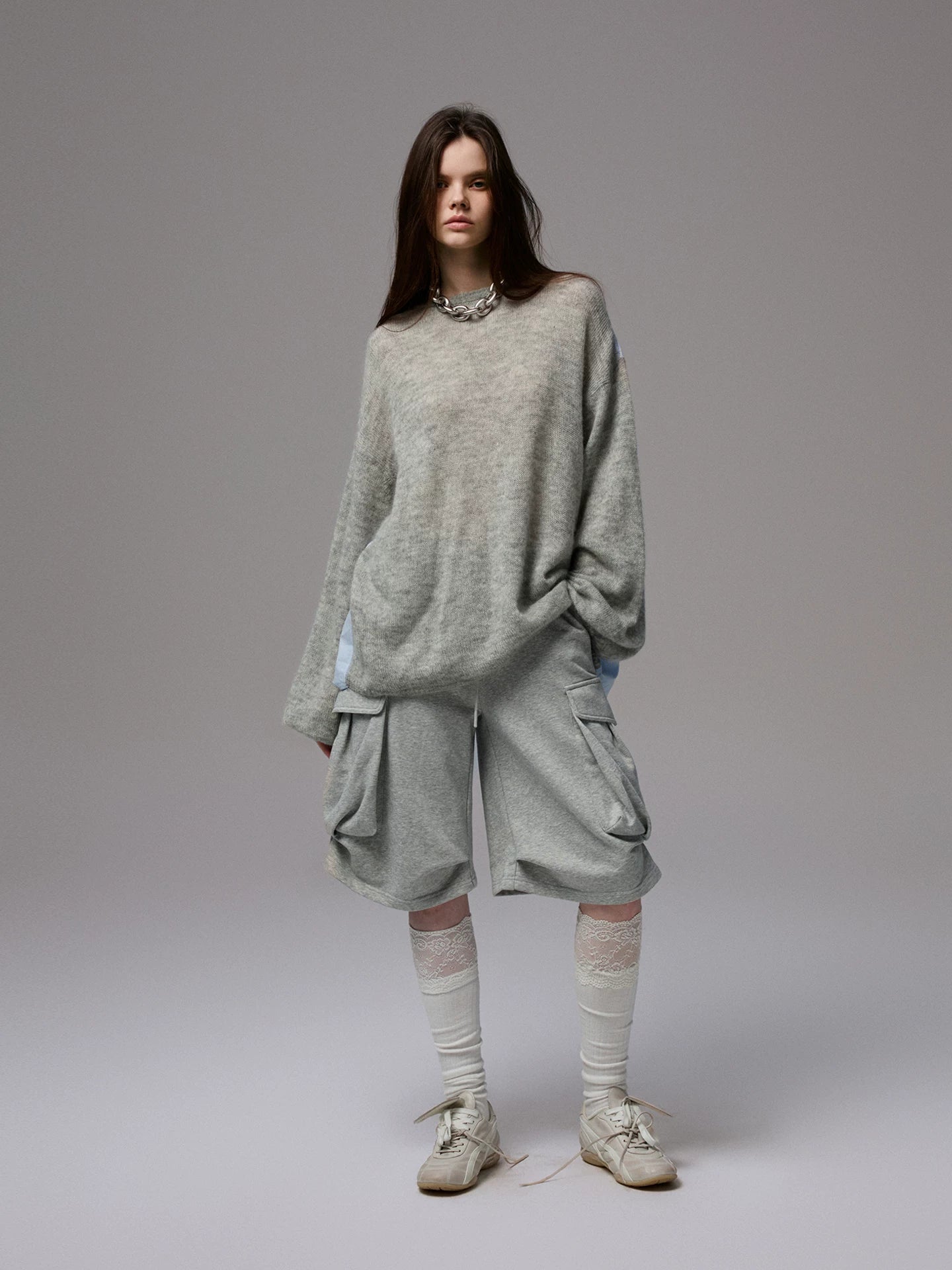 Lazy-looking mohair striped patchwork long-sleeved shirt for women, drop-shoulder loose knit top