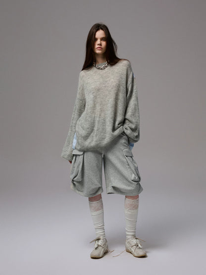 Lazy-looking mohair striped patchwork long-sleeved shirt for women, drop-shoulder loose knit top