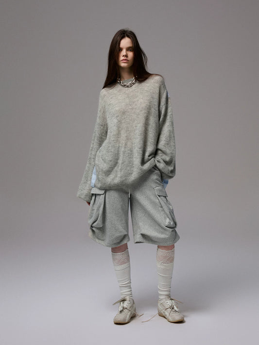 Lazy-looking mohair striped patchwork long-sleeved shirt for women, drop-shoulder loose knit top
