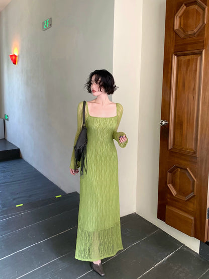 Emerald Bamboo Shadow Lace Square-Neck Long Dress – French Retro Autumn