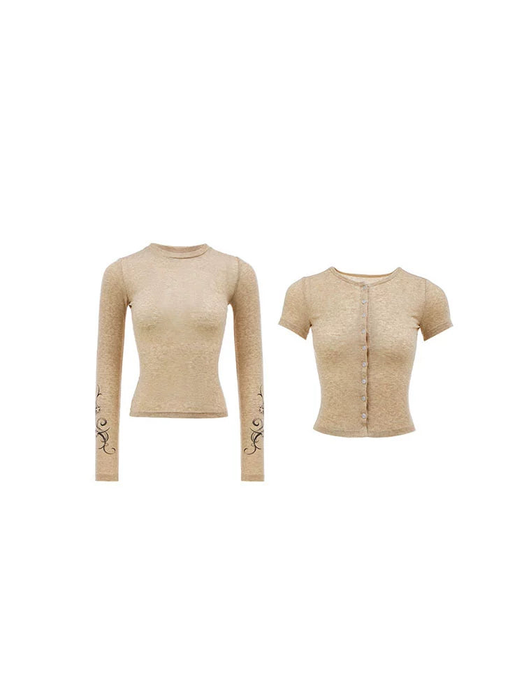 Semi-Sheer Knitted Cropped Cardigan – Tight Waist Slim Early Autumn Top