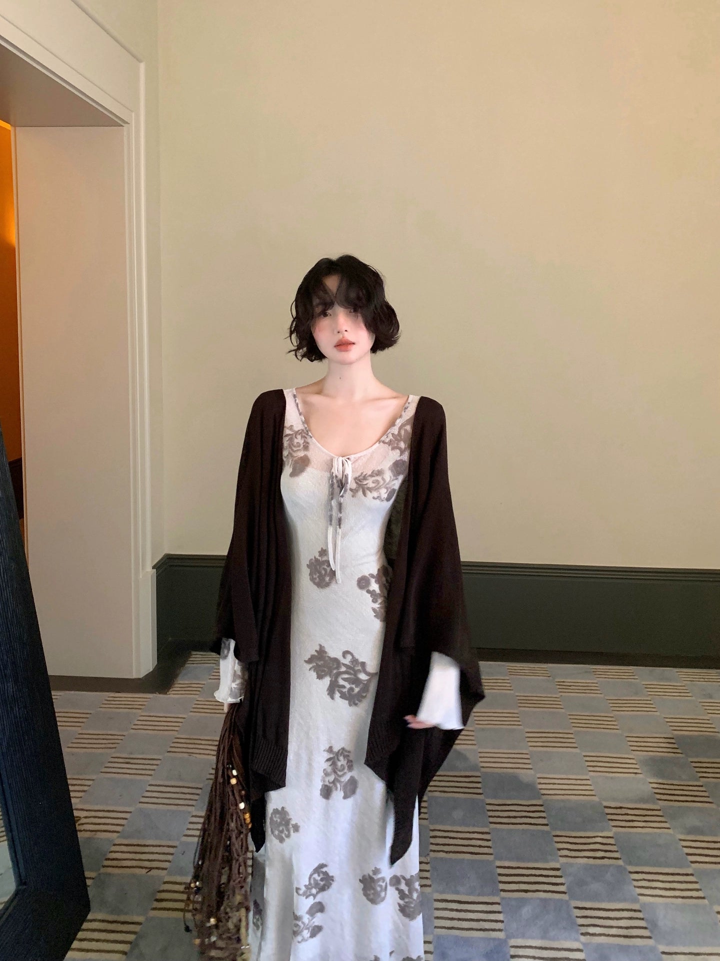 Autumn Ivy & Apricot Linen Mesh Print Long Dress – Hong Kong Retro 2025 Autumn