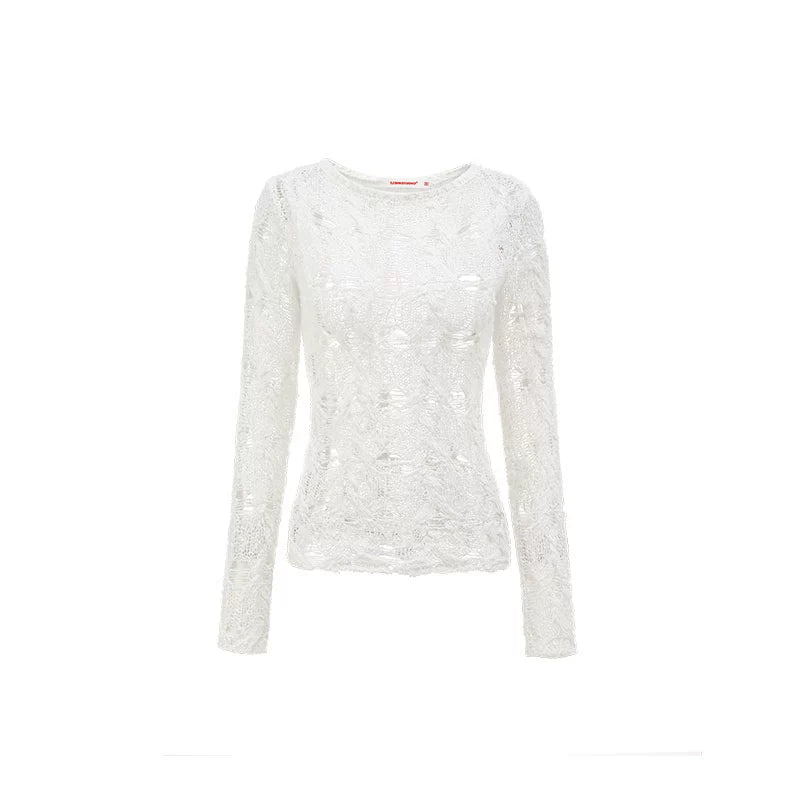 Cutout Sheer Knit Shirt – Lightweight Slim Fit Long Sleeve Top
