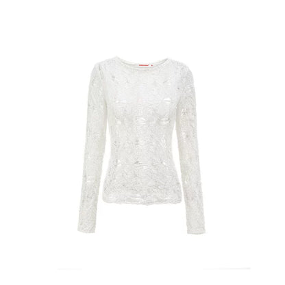 Cutout Sheer Knit Shirt – Lightweight Slim Fit Long Sleeve Top