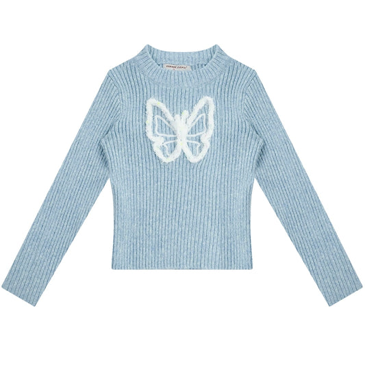 Butterfly Embroidered Slim Fit Knit Top | Long Sleeve Retro Design for Autumn/Winter