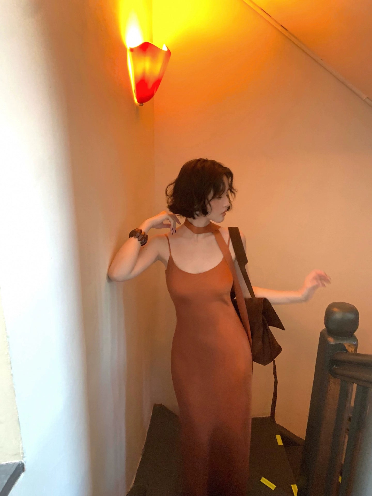 Sunlight Charm Tencel Satin Suspender Dress with Neck Tie – Retro Autumn