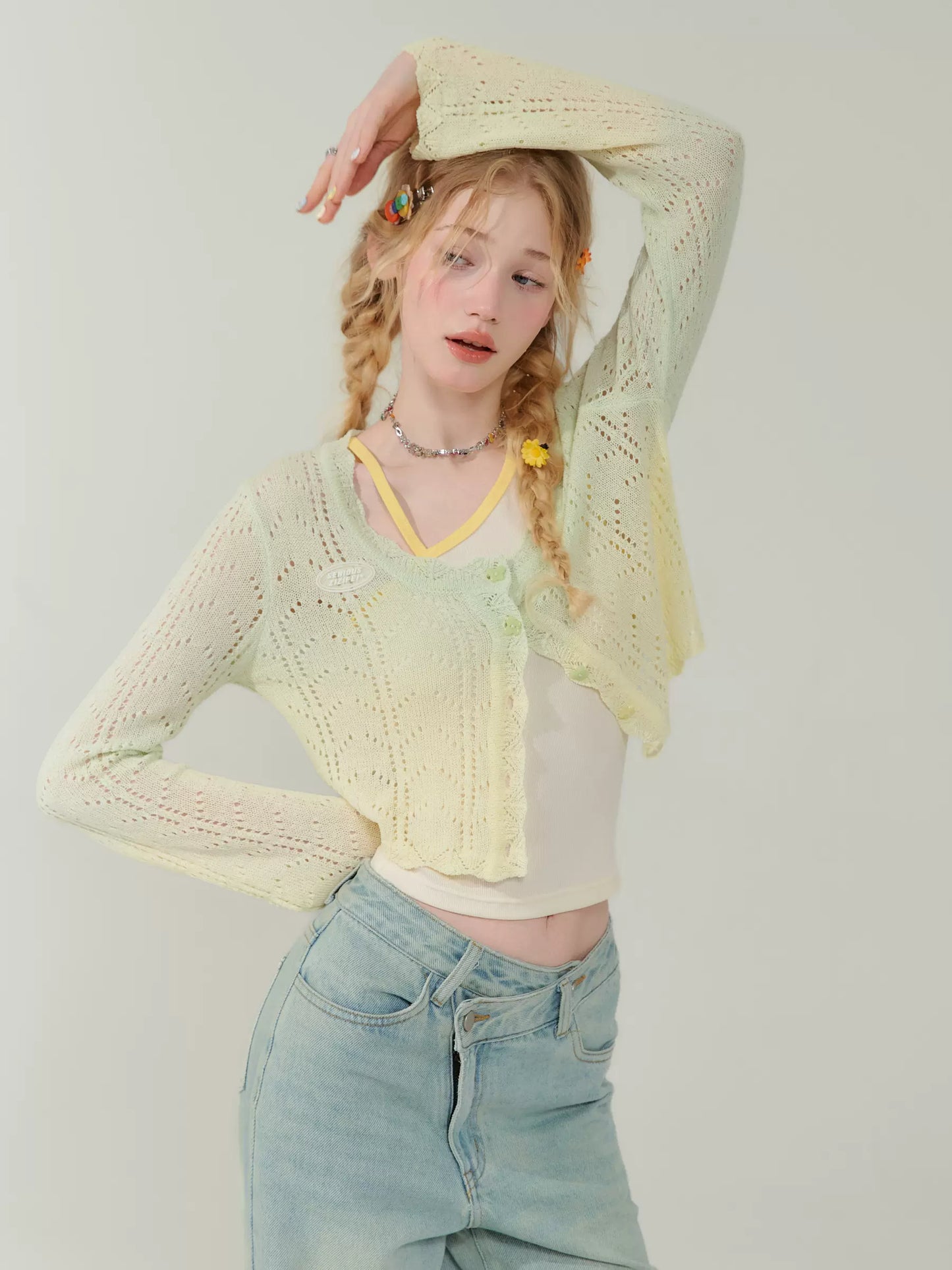 Cardigan in maglia a maniche lunghe sfumato |. Design con protezione solare cava per l'estate