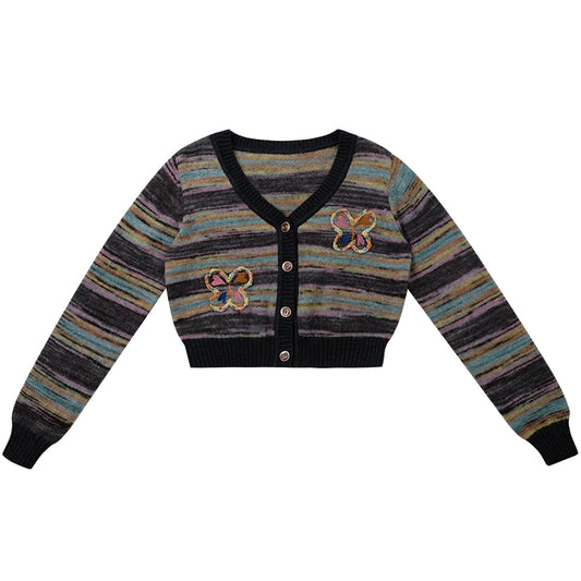 Colorful Striped Butterfly Cardigan | Short V-neck Knitted Retro Jacket for Autumn/Winter