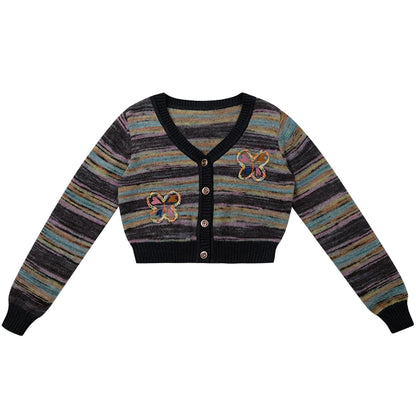 Colorful Striped Butterfly Cardigan | Short V-neck Knitted Retro Jacket for Autumn/Winter