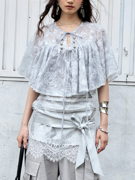 Embroidered Sequin Cape Shirt | Romantic Sun Protection Top