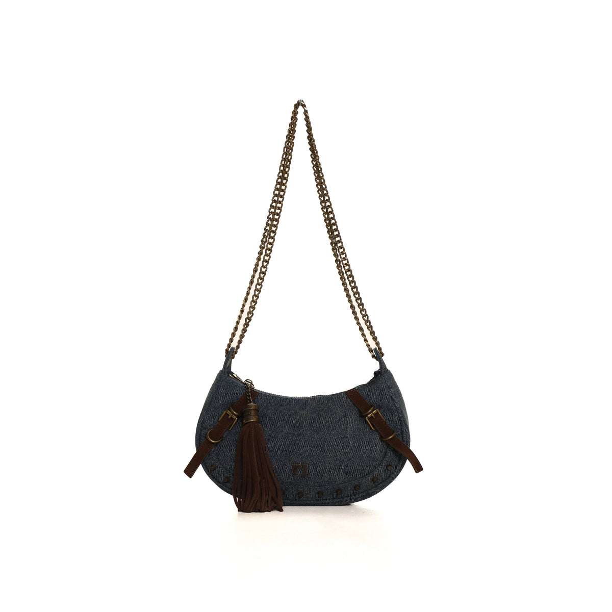Twill Denim Studded Chain Bag