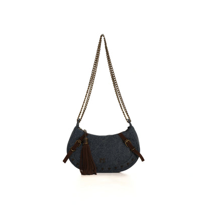 Twill Denim Studded Chain Bag