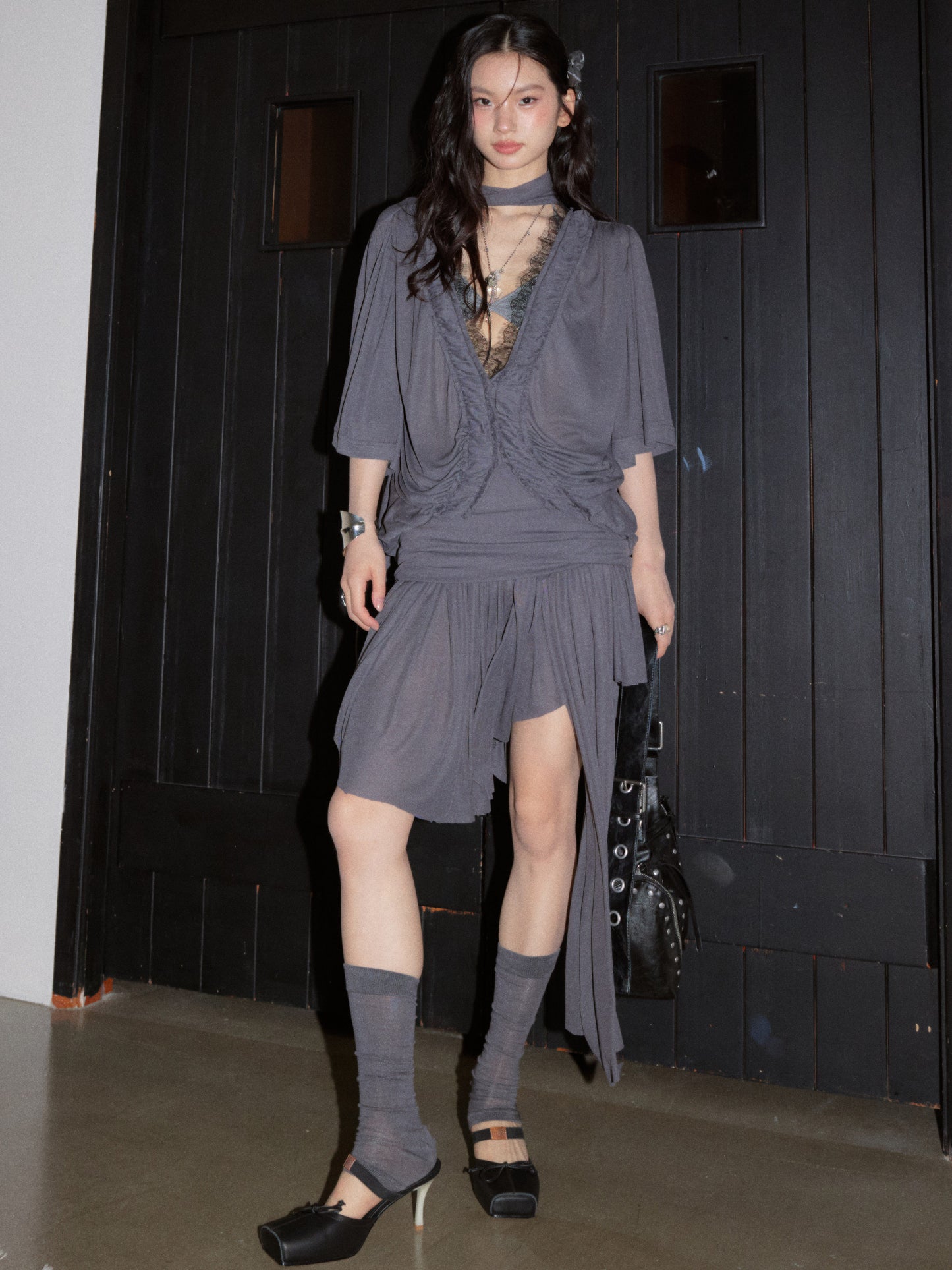 Deep V Asymmetrical T-Shirt Dress | Relaxed Gray Midi Dress