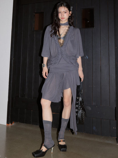Deep V Asymmetrical T-Shirt Dress | Relaxed Gray Midi Dress