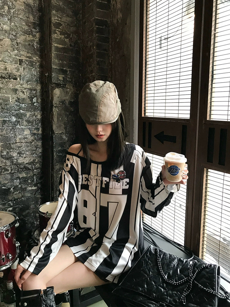 [Argentine Soccer] Striped Off-Shoulder Long Sleeve T-Shirt - Autumn Style