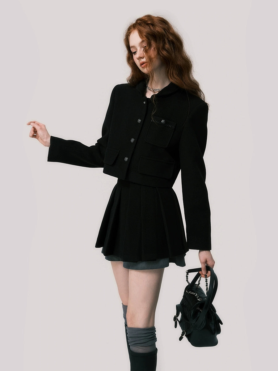 Black Woolen Short Jacket Set - Autumn/Winter