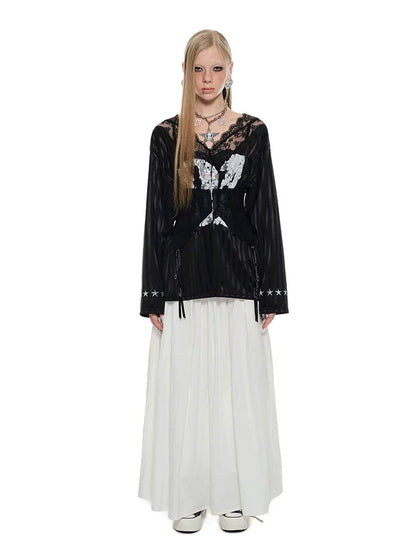 Lace V-Neck Printed Satin Jersey Top – Loose & Slim Fit French Style