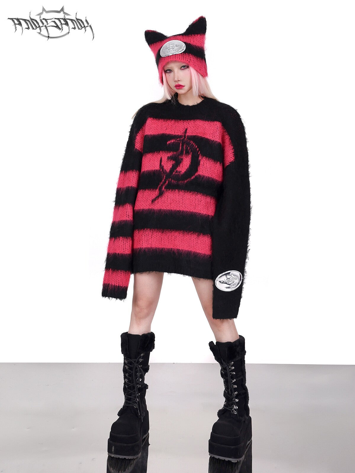 Electric Moon Black and Pink Striped Rock Punk Loose Unisex Y2K Sweater