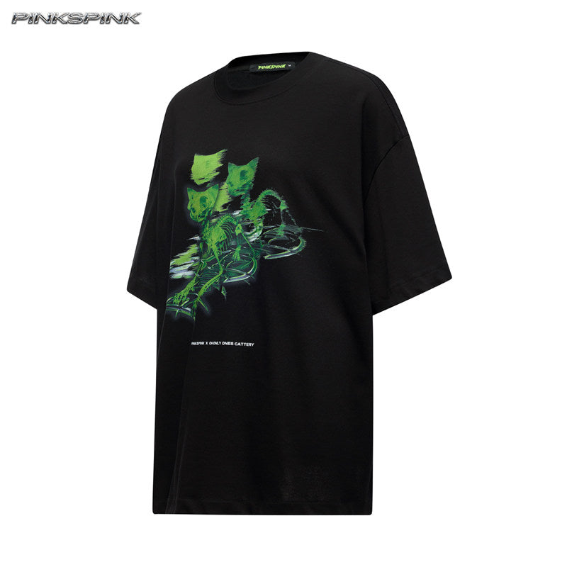 Cat Skeleton Space Capsule Graphic Y2K Tee