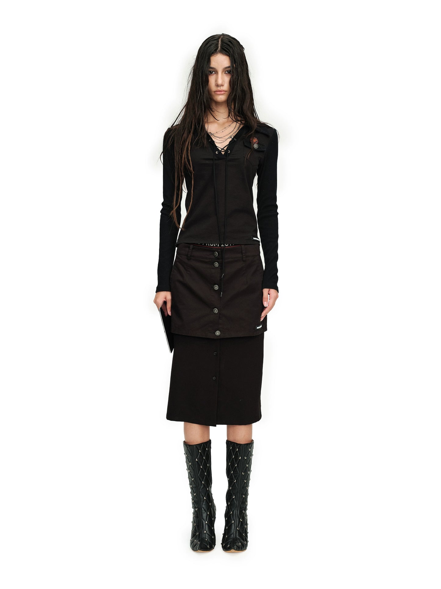 Sophisticated All-Black Look | Bandage Top & Skirt Multi-Structure Suit