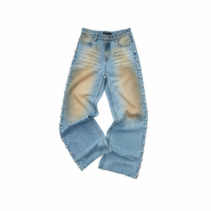 Distressed Rivet Wide-Leg Jeans