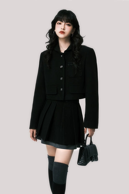 Black Woolen Short Jacket Set - Autumn/Winter