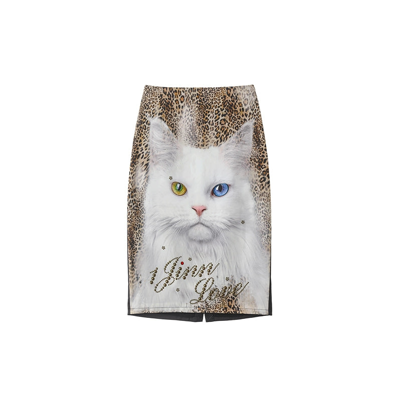Low-Rise Cat Print Skirt – Slim Fit Hip-Hugging Statement Piece