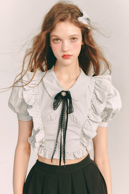 Lake Azure Lace-Bow Stripe Shirt - French Blue