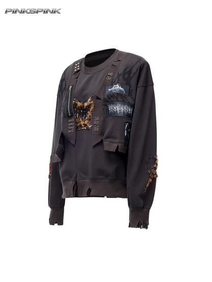 Heavyweight Thorn Leopard Heart Embroidered Punk Y2K Sweatshirt