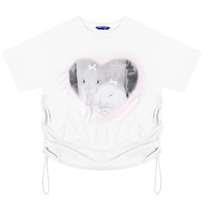 Love Rabbit Printed Drawstring T-shirt | Loose Fit Round Neck Women’s Summer Top