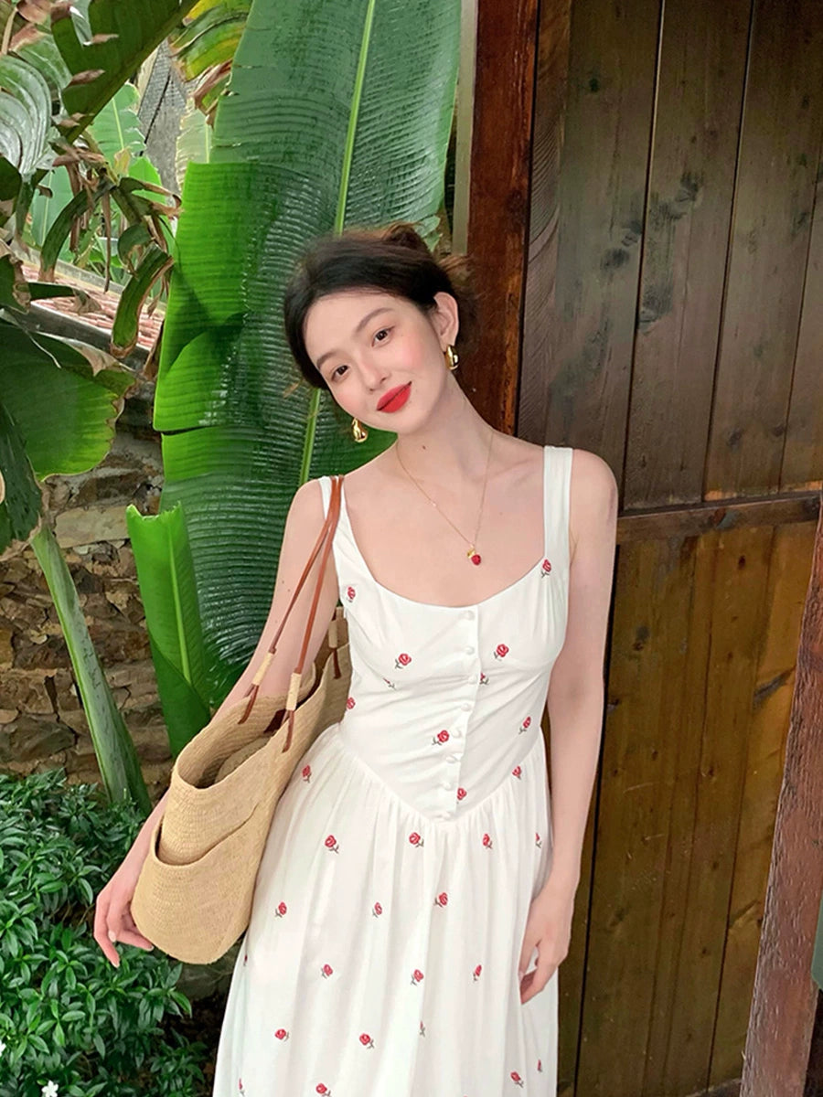 Red Rose Embroidery Midi Swing Dress