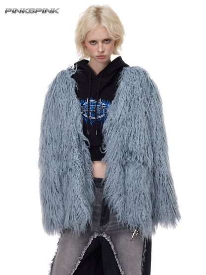 Light Blue Sheepskin V-Neck Oversized Y2K Coat