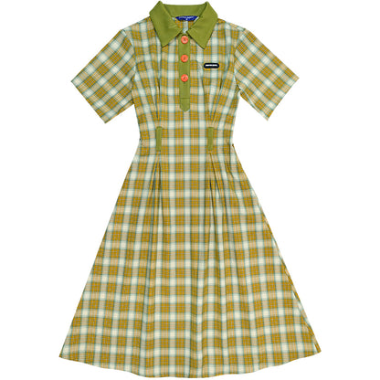 Cow Oil Green Plaid Polo Collar Dress - Retro Style
