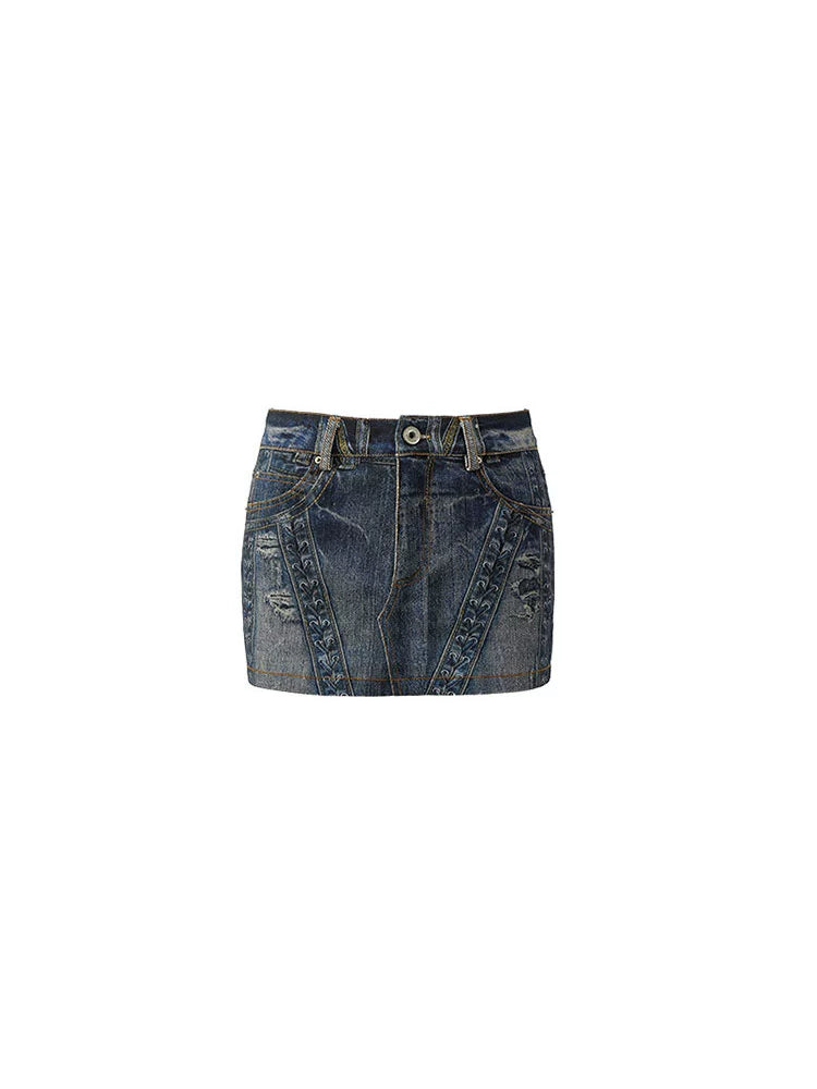 Washed Denim Hip Skirt – Slightly Stretchy Vintage Design