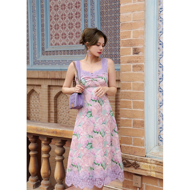 Peach Blossom Silk Crepe Lace Dress