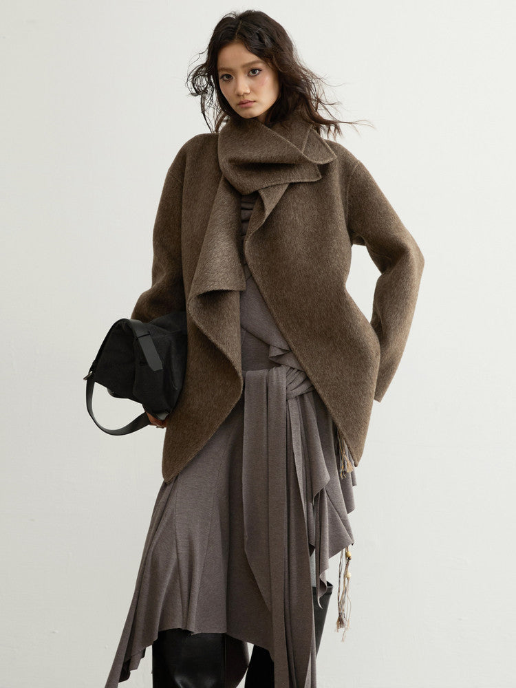 Handmade Double-Faced Wool Coat | Ebony Brown Belted Wrap Coat