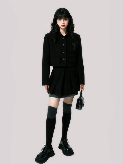 Black Woolen Short Jacket Set - Autumn/Winter