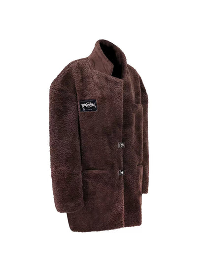 Caramel Suede Genderless Coat – Luxe Fur Loose Silhouette for Warmth