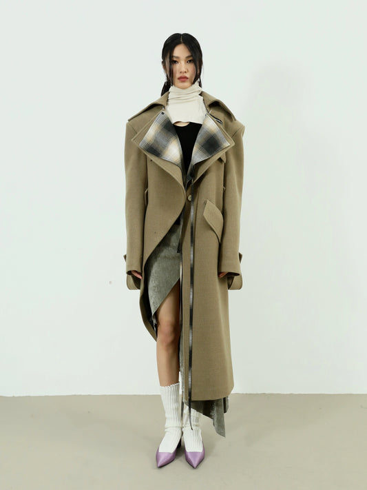 Fake Two Asymmetrical Woolen Coat - Autumn