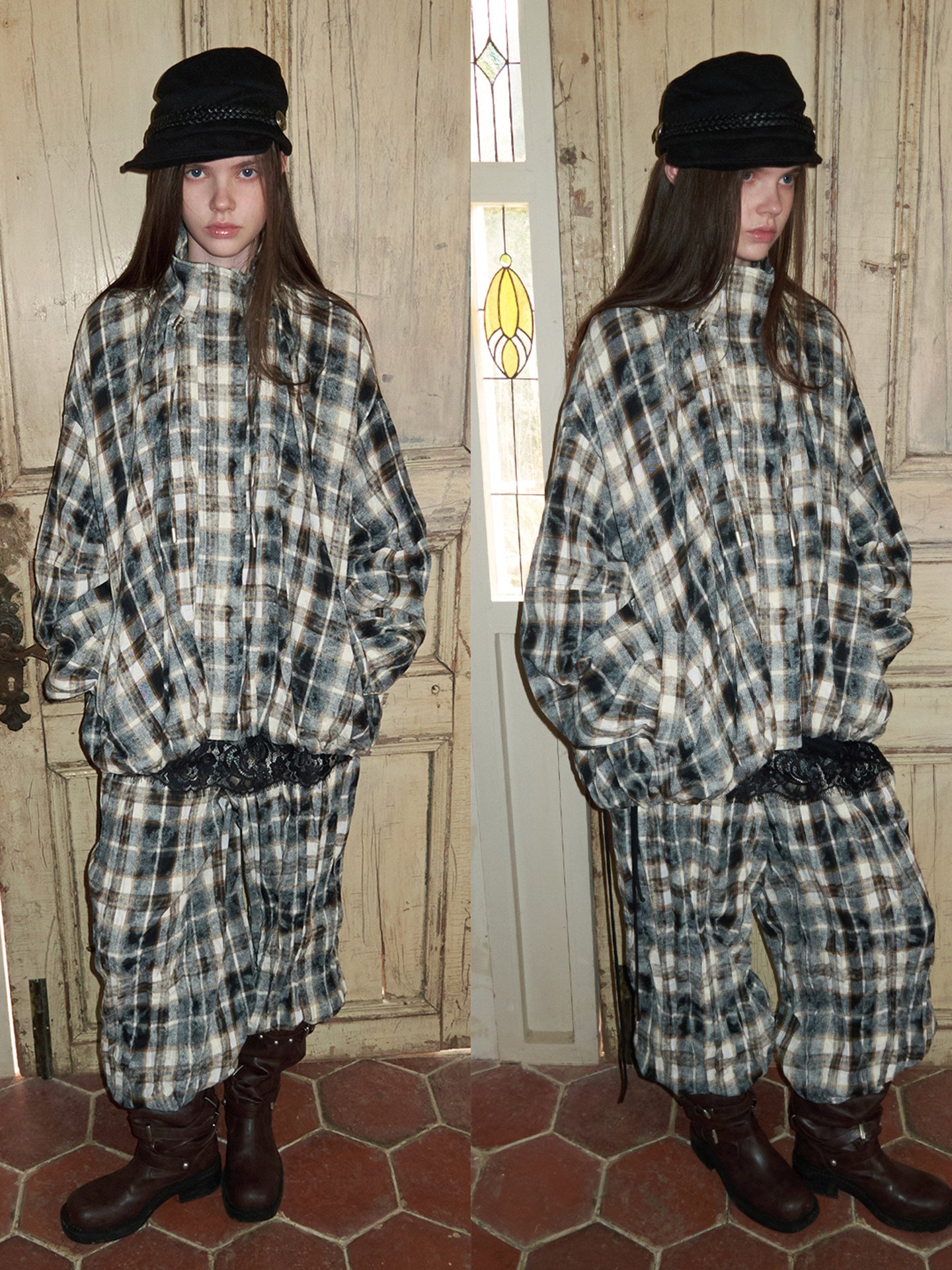 Plaid Ruched Waist Wide-Leg Cargo Pants