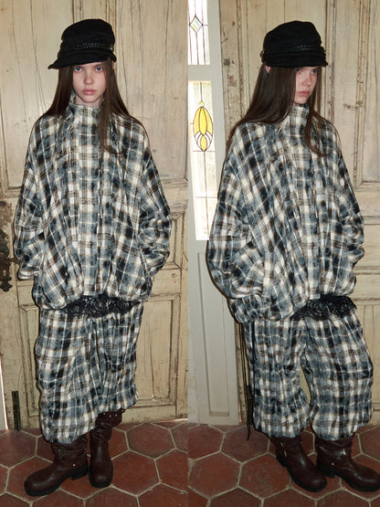 Plaid Ruched Waist Wide-Leg Cargo Pants