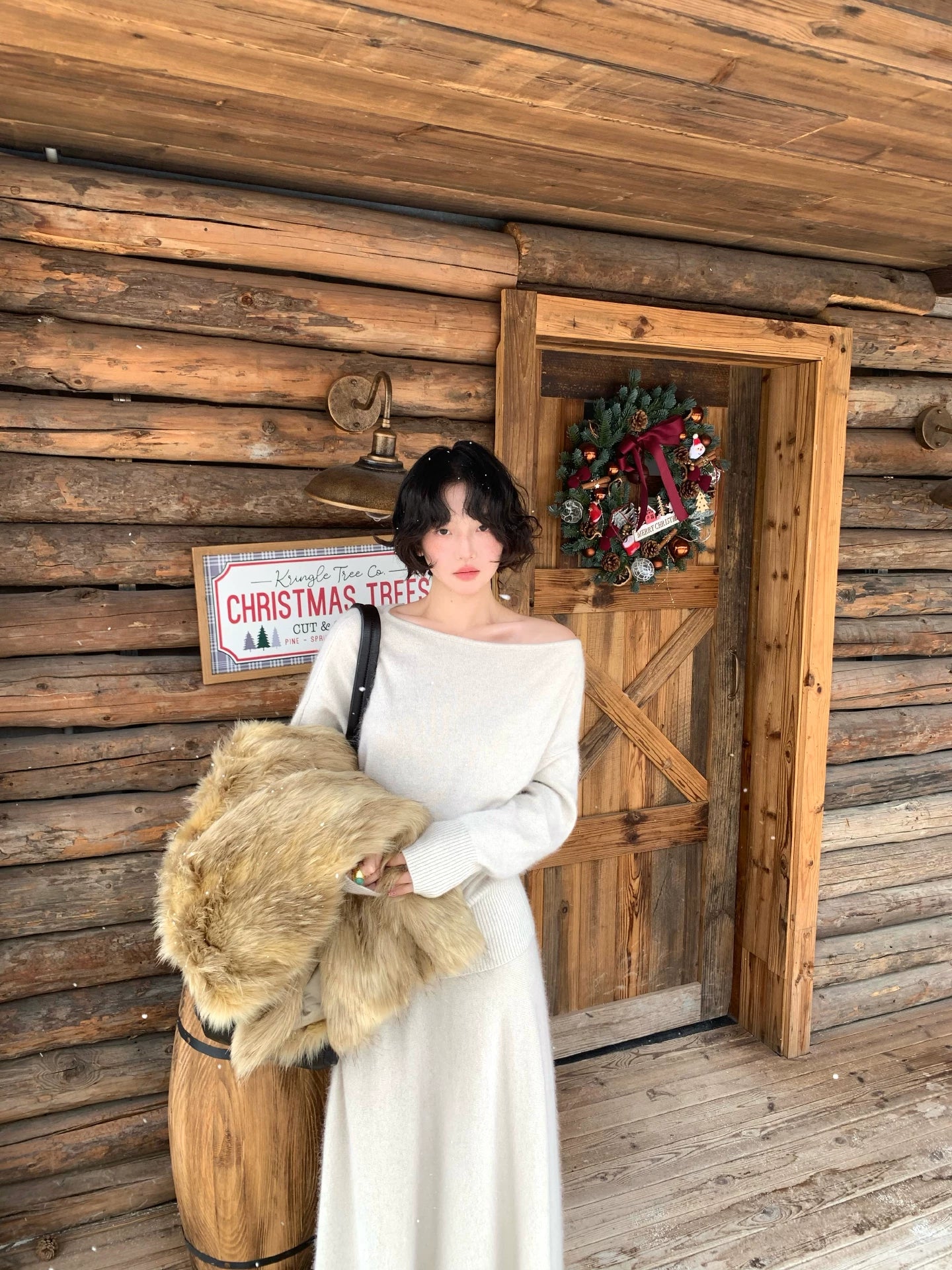 Wine afternoon Hong Kong style retro elegant vintage raccoon fleece wool blend slanted shoulder wool knit top