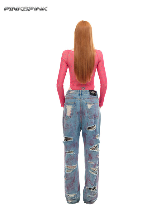 Wasteland Washed Irregular Ripped Unisex Denim Jeans