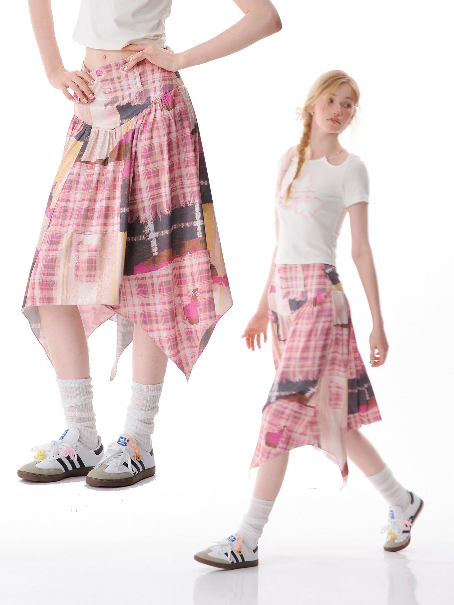 Contrast Plaid Skirt | High Waist Slim Fit Medium Length Pink Design