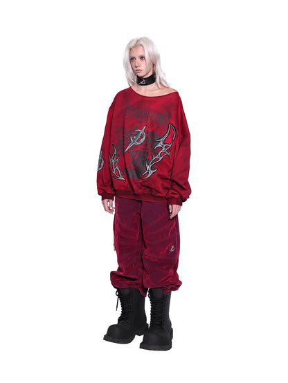 One-Shoulder 3D Embroidery Distressed Punk Y2K Sweatshirt