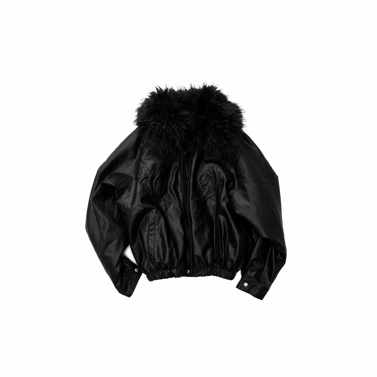 Fur Collar Embroidered Leather Jacket